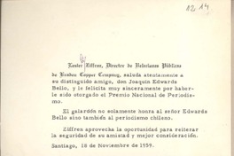 [Tarjeta] 1959 noviembre 18, Santiago, [Chile] [a] Joaquín Edwards Bello