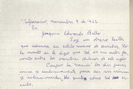 [Carta] 1962 noviembre 4, Valparaíso, [Chile] [a] Joaquín Edwards Bello
