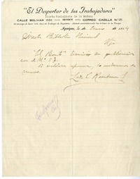 [Carta] 1914 enero 6, Iquique, Chile [a] Biblioteca Nacional de Chile  [manuscrito] Luis Emilio Recabarren.