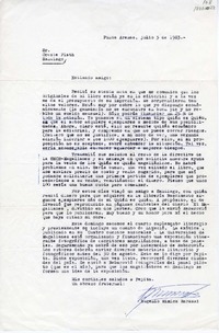 [Carta] 1983 julio 5, Punta Arenas, Chile [a] Oreste Plath  [manuscrito] Eugenio Mimica Barassi.
