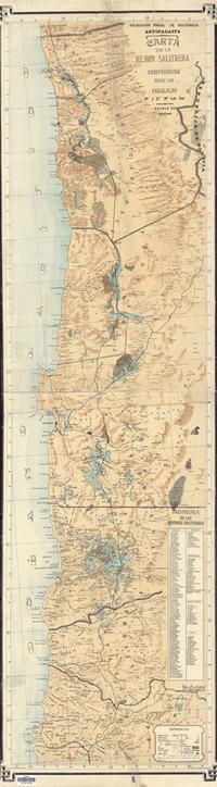 Carta de la rejión salitrera comprendida entre los paralelos 19° y 27° 30' Lat Sur  [material cartográfico] Delagación Fiscal de Salitreras Antofagasta ; dib. M. A. Rojas Rivera.