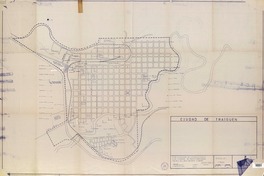 Ciudad de Traiguén plano actualizado de la ciudad, en base al plano elaborado del proyecto aerofotográmetrico de la OEA por el arquitecto E. Gebhard [material cartográfico] : Solange Hauck F.
