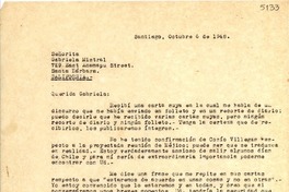 [Carta] 1948 oct. 6, Santiago, [Chile] [a] Gabriela Mistral, Santa Bárbara, California, [EE.UU.]