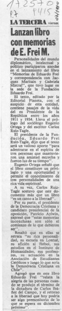 Lanzan libro con memorias de E. Frei M.  [artículo].