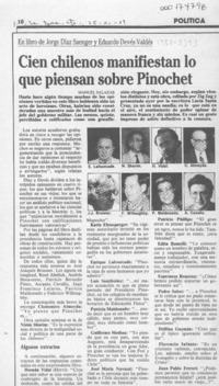 Cien chilenos manifiestan lo que piensan sobre Pinochet  [artículo] Manuel Salazar.