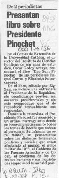 Presentan libro sobre Presidente Pinochet  [artículo].