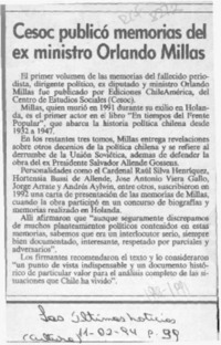 Cesoc publicó memorias del ex ministro Orlando Millas  [artículo].