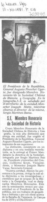 S.E. miembro honorario de sociedad de historia.