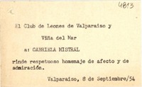 [Tarjeta] 1954 sept. 8, Valparaíso, [Chile] [a] Gabriela Mistral