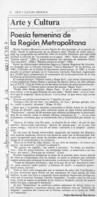 Poesía femenina de la Región Metropolitana  [artículo] Pedro Mardones Barrientos.