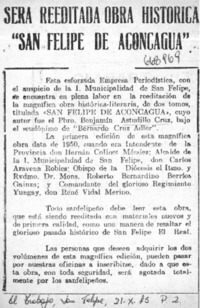 Será reeditada obrahistórica "San Felipe de Aconcagua".  [artículo]