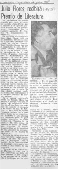 Julio Flores recibirá premio de literatura.