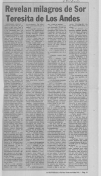 Revelan milagros de Sor Teresita de Los Andes.