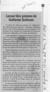 Lanzan libro póstumo de Guillermo Quiñones  [artículo].