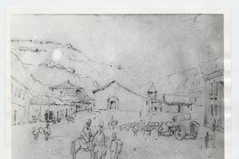 [Dibujo de una calle de Valparaíso, se divisan unos hombres a caballo y unos carruajes. De fondo, los cerros. Siglo 19]