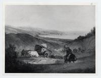 [Camino de tierra de bajada al puerto de Valparaíso, se divisan carretas]