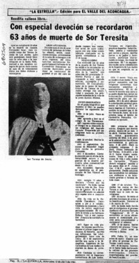 Con especial devoción se recordaron 63 años de muerte de Sor Teresa.