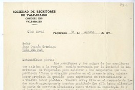[Carta] 1974 agosto 30, Valparaíso Chile [a] Juan Guzmán Cruchaga  [manuscrito] Sociedad de Escritores de Valparaíso.