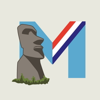 [Eme celeste con banda presidencial y estatua de moai]