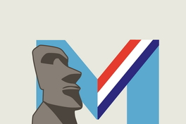 [Eme celeste con banda presidencial y estatua de moai]