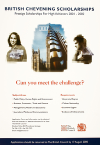 British Chevening Scholarship Prestige Scholarships For High Achievers 2001-2002.