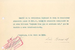 [Recibo], 1940 abr. 4 Santiago, Chile <a>Biblioteca Nacional de Chile