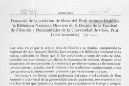 Donación de la colección de libros del prof. Antonio Doddis a la Biblioteca Nacional, discurso de la decano de la Facultad de Filosofía y Humanidades de la Universidad de Chile, prof. Lucía Invernizzi  [artículo] Lucía Invernizzi Santa Cruz.