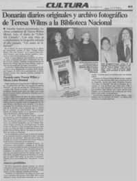 Donarán diarios originales y archivo fotográfico de Teresa Wilms a la Biblioteca Nacional