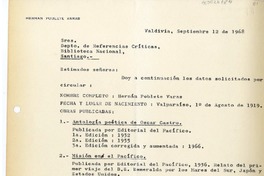 [Carta] 1968 septiembre 12, Valdivia, Chile [a] Biblioteca Nacional de Chile  [manuscrito] Hernán Poblete Varas.