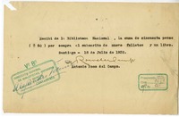 [Recibo] 1932 julio 18, Santiago, Chile [a] Biblioteca Nacional de Chile  [manuscrito] Antonio Roco del Campo.